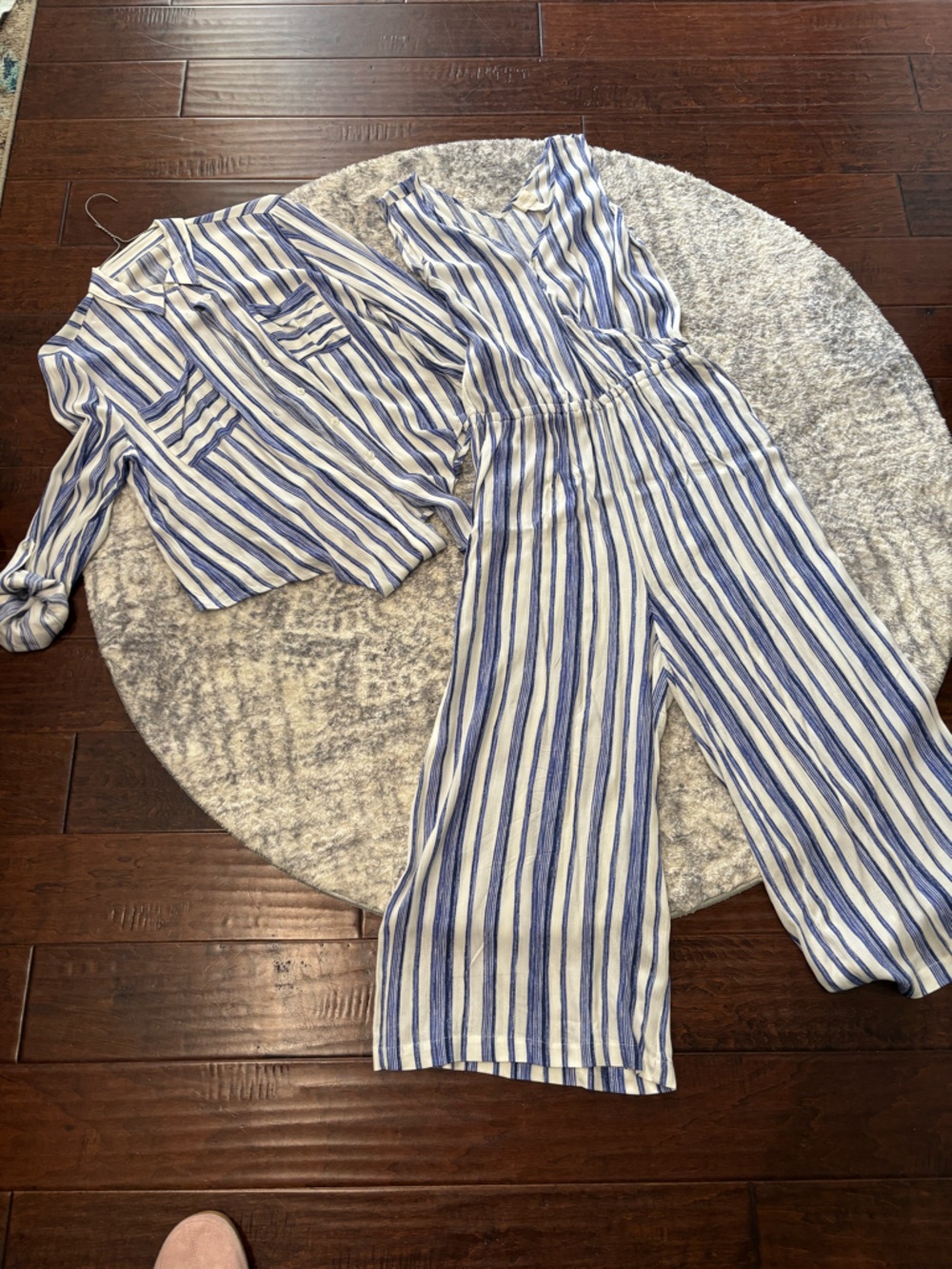 Chico's Blue and Cream Vertical Stripe jumpsuit and cover top